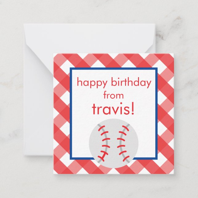 Gingham Baseball Personalized Gift Enclosure Cards (Front)