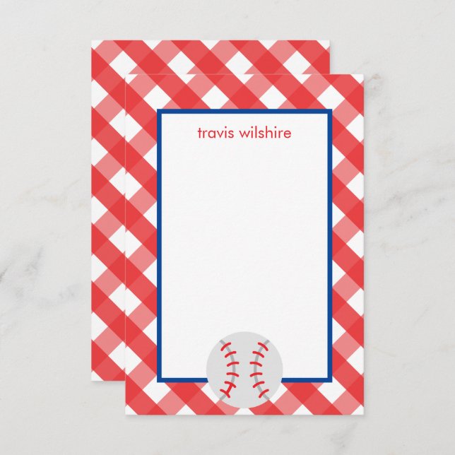 Gingham Baseball Personalized Note Cards (Front/Back)