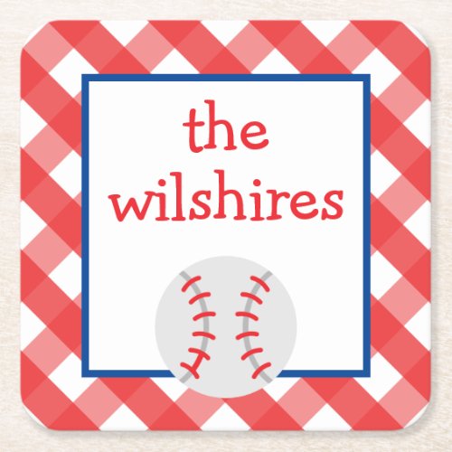 Gingham Baseball Personalized Paper Coasters