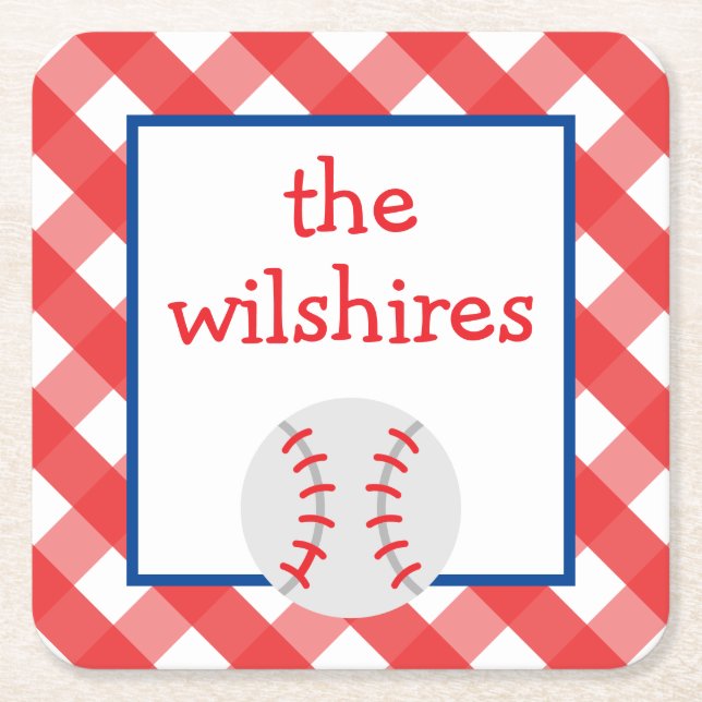 Gingham Baseball Personalized Paper Coasters (Front)