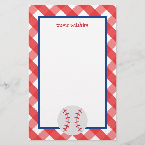 Gingham Baseball Personalized Stationery