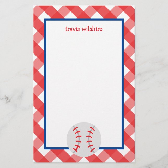 Gingham Baseball Personalized Stationery (Front)