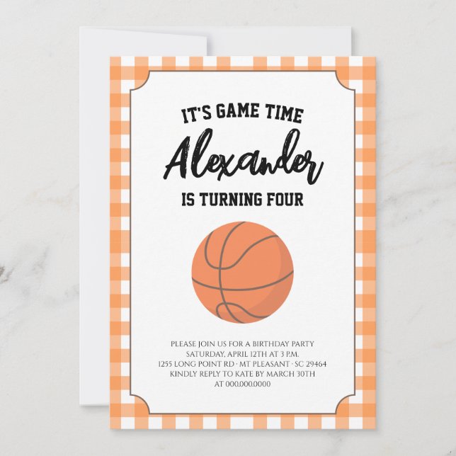 Gingham Basketball Birthday Invitation (Front)