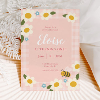 Gingham Bee & Daisies Birthday  Invitation