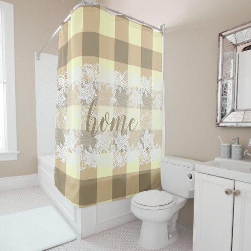 Gingham beige pattern white lace home script shower curtain