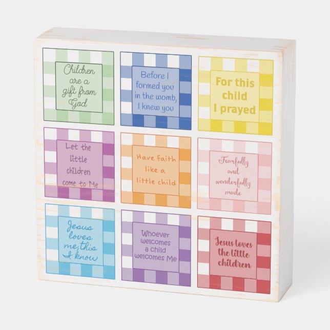 Gingham Bible verses about children babies   Wooden Box Sign (Angled Horizontal)