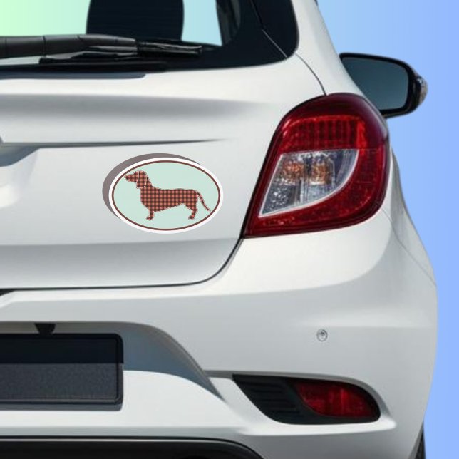 Gingham Black and Tan Dachshund Car Magnet (Black and tan gingham dachshund oval car magnet for unique style on your doxie mobile.)