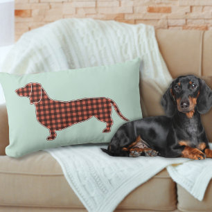 Gingham Black and Tan Dachshund Profile - Mint Lumbar Pillow