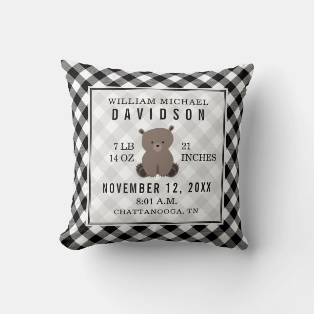 Gingham Black + White Bear Baby Boy Birth Stats Throw Pillow (Front)