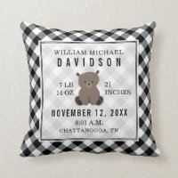 Gingham Black   White Bear Baby Boy Birth Stats Throw Pillow