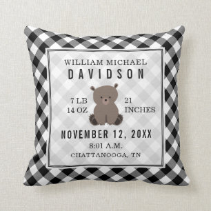 Gingham Black + White Bear Baby Boy Birth Stats Throw Pillow