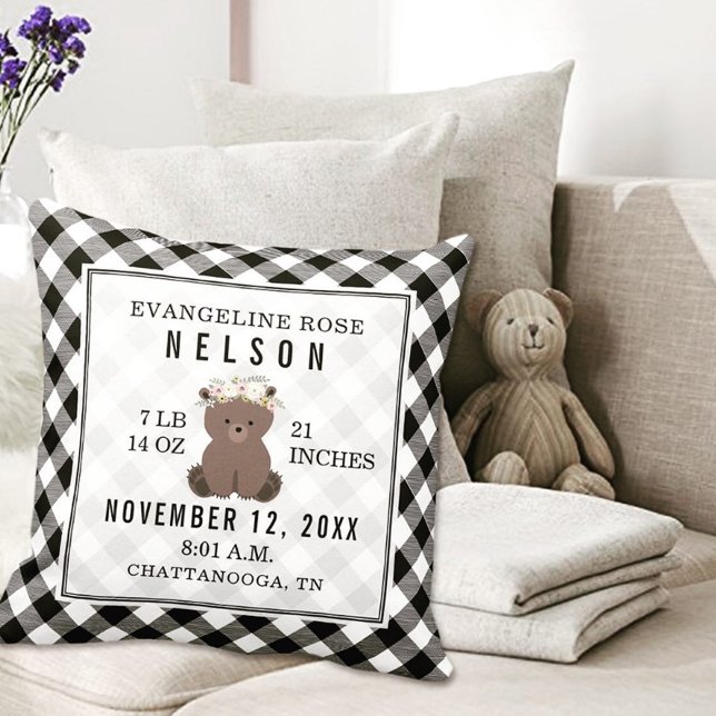 Gingham Black + White Bear Baby Girl Birth Stats Throw Pillow (Creator Uploaded)