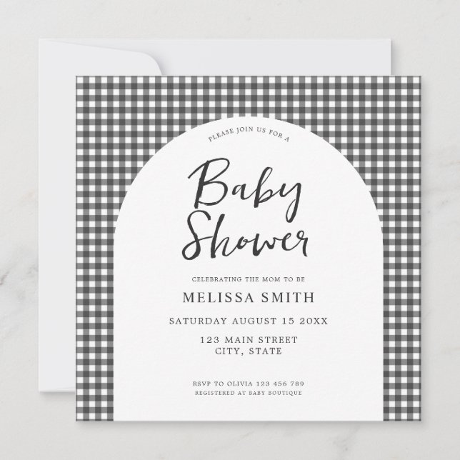 Gingham Black White Checkered Plaid Baby Shower Invitation (Front)