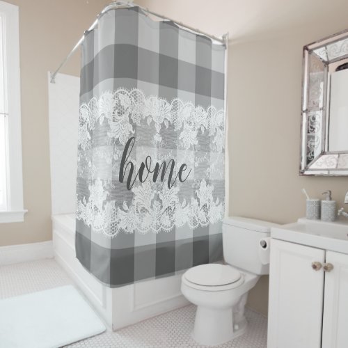 Gingham black white pattern white lace home script shower curtain