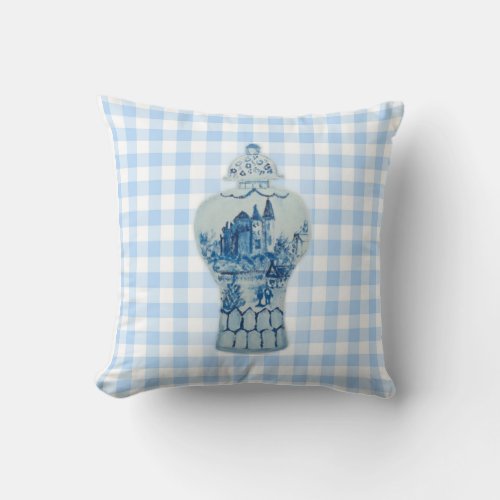 Gingham Blue and White Ginger Jar Throw Pillow