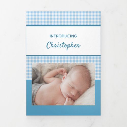 Gingham blue and white photos baby boy Tri_Fold announcement