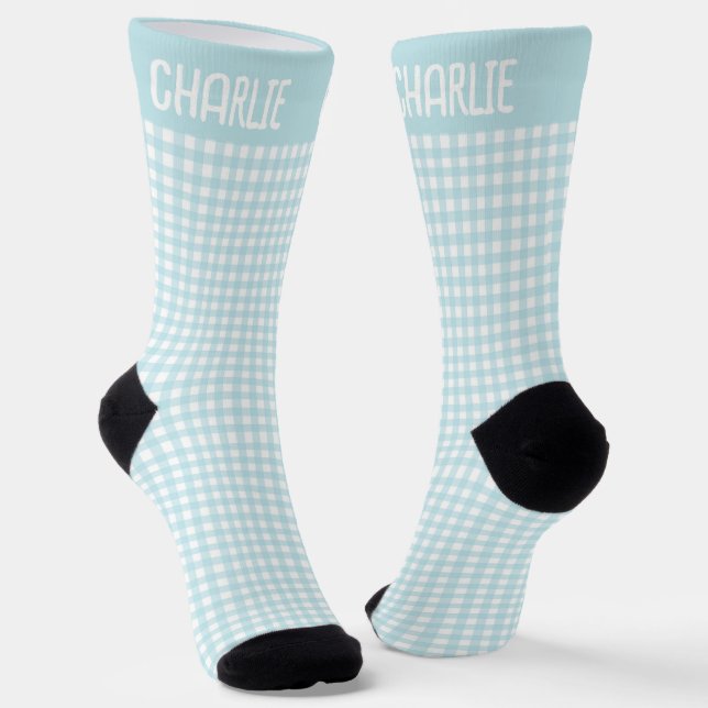 Gingham Blue and White Plaid  Custom Name Rustic Socks (Angled)