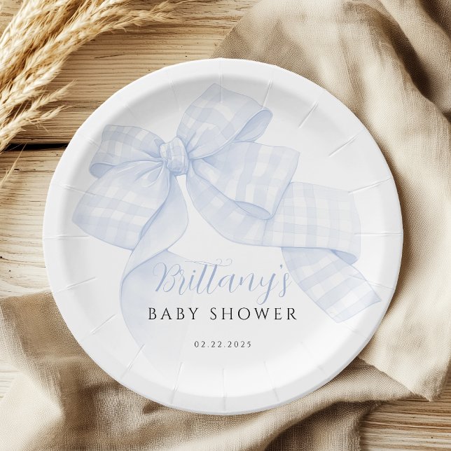 Gingham Blue Bow Baby Shower Paper Plates (Creator Uploaded)