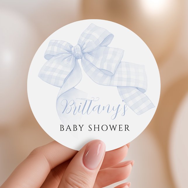 Gingham Blue Bow Baby Shower Stickers (Creator Uploaded)