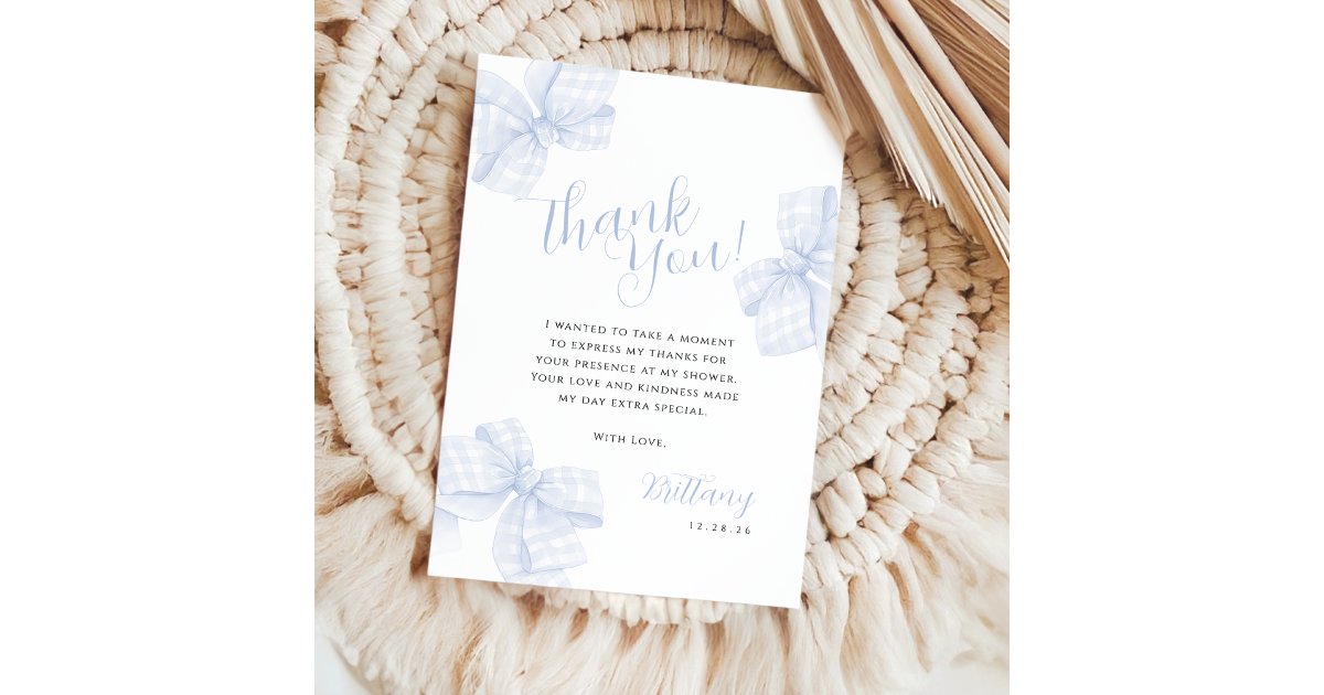 Gingham Blue Bow Baby Shower Thank You Card | Zazzle