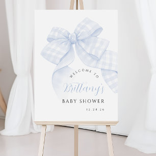 Gingham Blue Bow Baby Shower Welcome Sign