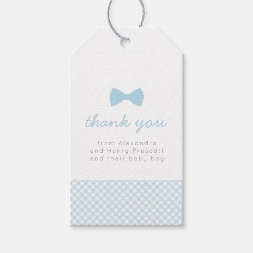 Gingham blue bow tie baby shower gift tags