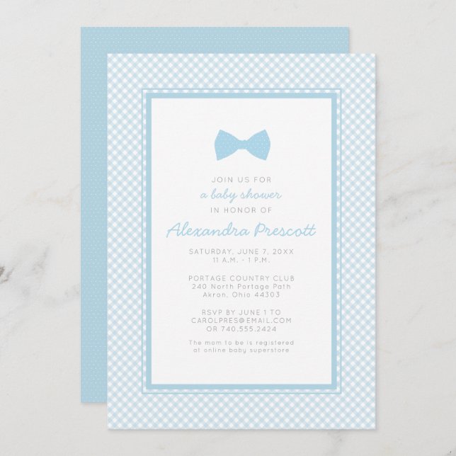 Gingham blue bow tie baby shower invitation (Front/Back)