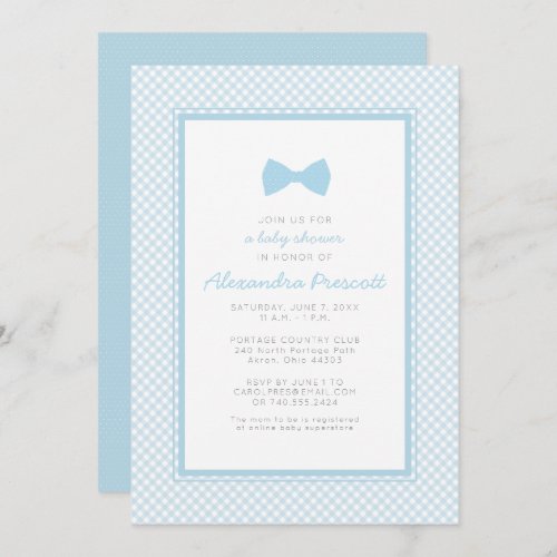 Gingham blue bow tie baby shower invitation