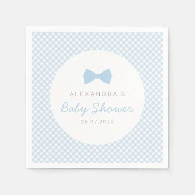 Gingham blue bow tie baby shower napkins (Front)