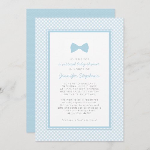 Gingham blue bow tie virtual baby shower invitation