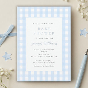 Gingham Blue Boy Baby Shower Invitation