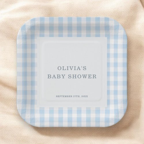 Gingham Blue Boy Baby Shower Party Paper Plates