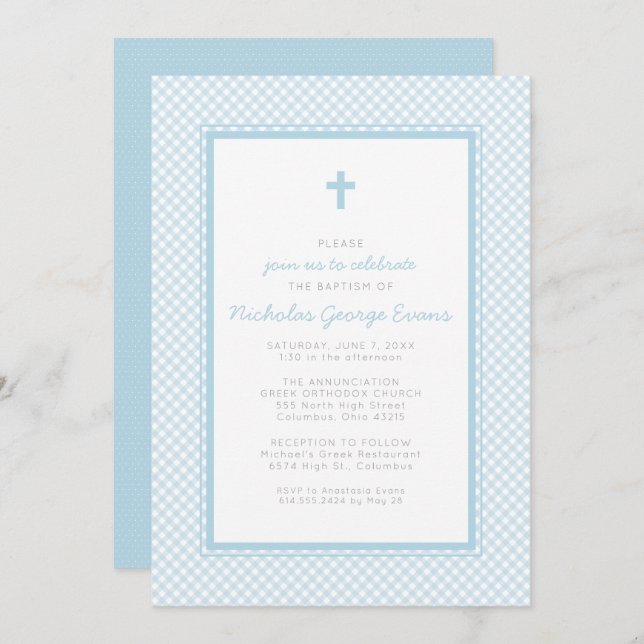 Gingham blue boy baptism invitation (Front/Back)