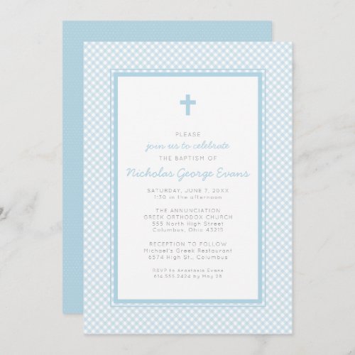 Gingham blue boy baptism invitation