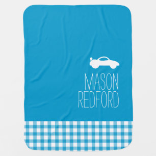Gingham blue boys name white car baby blanket