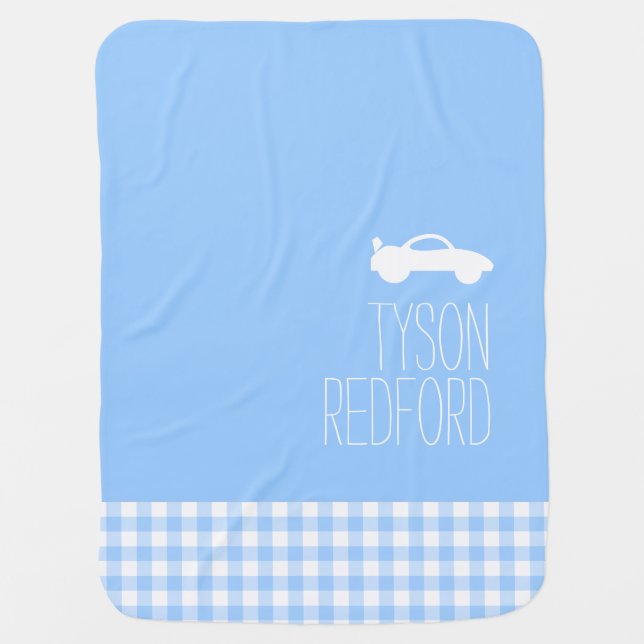Gingham blue boys name white car baby blanket (Front)