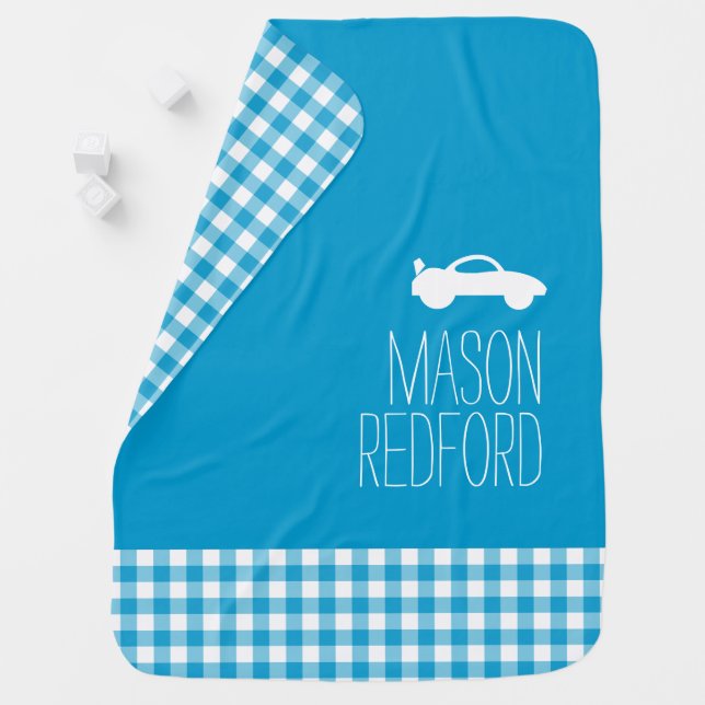 Gingham blue boys name white car baby blanket (In Situ)