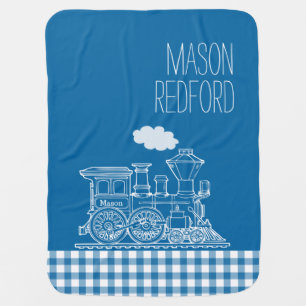 Gingham blue boys name white train baby blanket