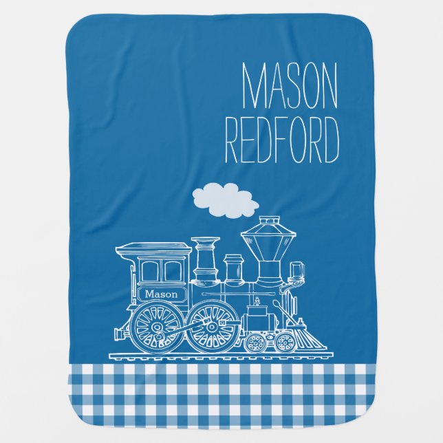 Gingham blue boys name white train baby blanket (Front)