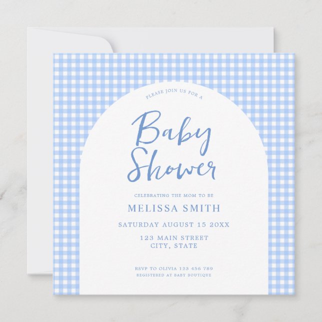 Gingham Blue Checkered Plaid Baby Shower Invitation (Front)