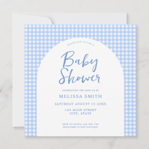 Gingham Blue Checkered Plaid Baby Shower Invitation