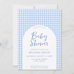 Gingham Blue Checkered Plaid Baby Shower Invitation