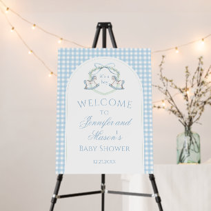 Gingham Blue Rocking Horse Baby Boy Welcome Sign