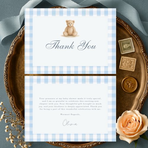 Gingham Blue Teddy Bear Boy Baby Shower Thank You Card