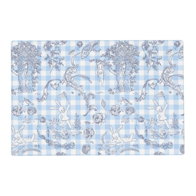 Gingham Blue Toile Bunny Wonderland Placemat (Front)