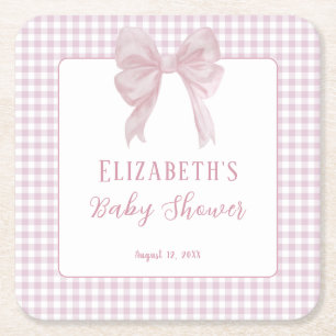 Gingham Blush Pink Bow Baby Shower Coaster