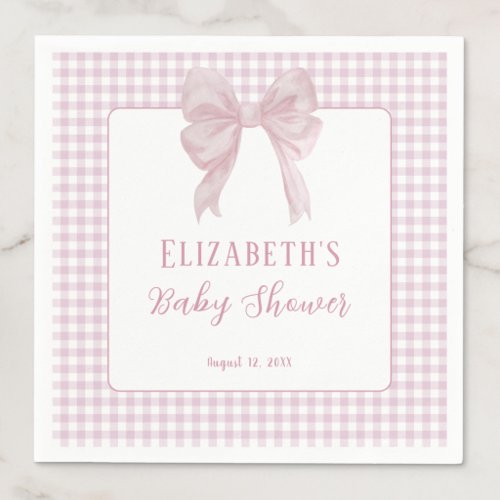 Gingham Blush Pink Bow Baby Shower Napkins