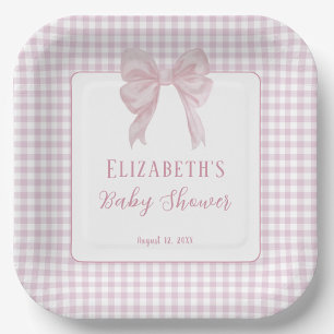 Gingham Blush Pink Bow Baby Shower Paper Plates