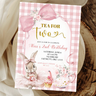 Gingham Blush Pink Floral Bow Bunny Tea Party Invitation