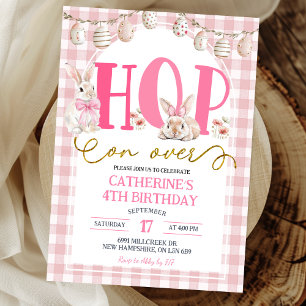 Gingham Boho Floral Hop on over Bunny Birthday Invitation